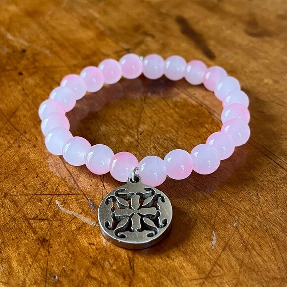 Rustic Cuff Pink Glass Beads Silver Logo Bracelet - Picture 3 of 3